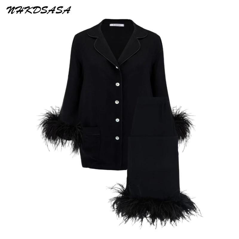 NHKDSASA Sleepwear for Women New Cute Silk Cotton Light Luxury Ostrich Wool Pajamas Two-Piece Set Solid Color Home Suit