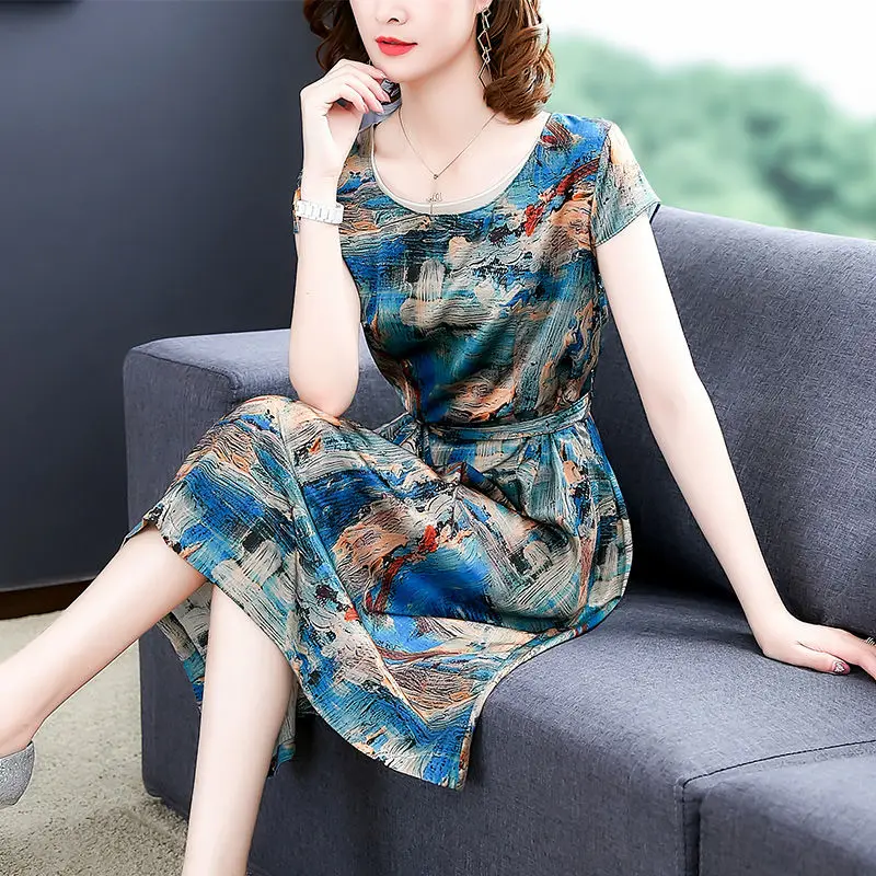 

Large Size Gauze Silk Dress 2021 Women Mulberry Silk Summer Fashion Printed Dress