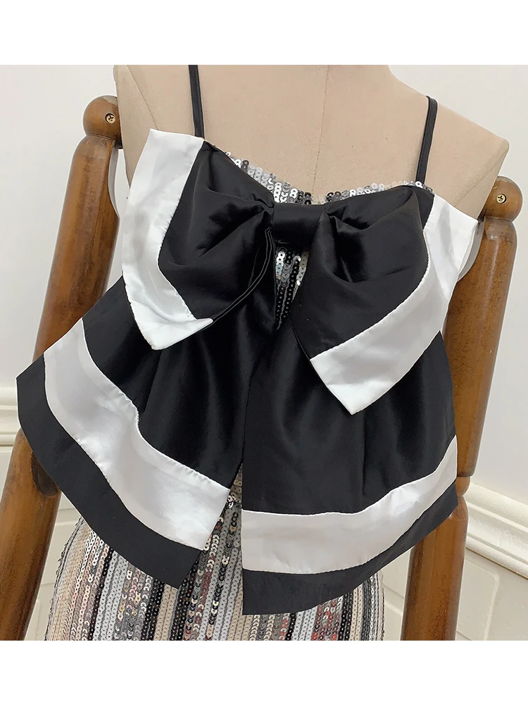 

French tight sequins suspenders sexy ladies summer bow dress suit 2020New women's summer irregular pleated dress Bing XL