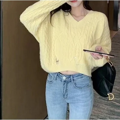 

Cmaz Short Ripped Sweater Women's 2021 Autumn and Winter Casual Hundred