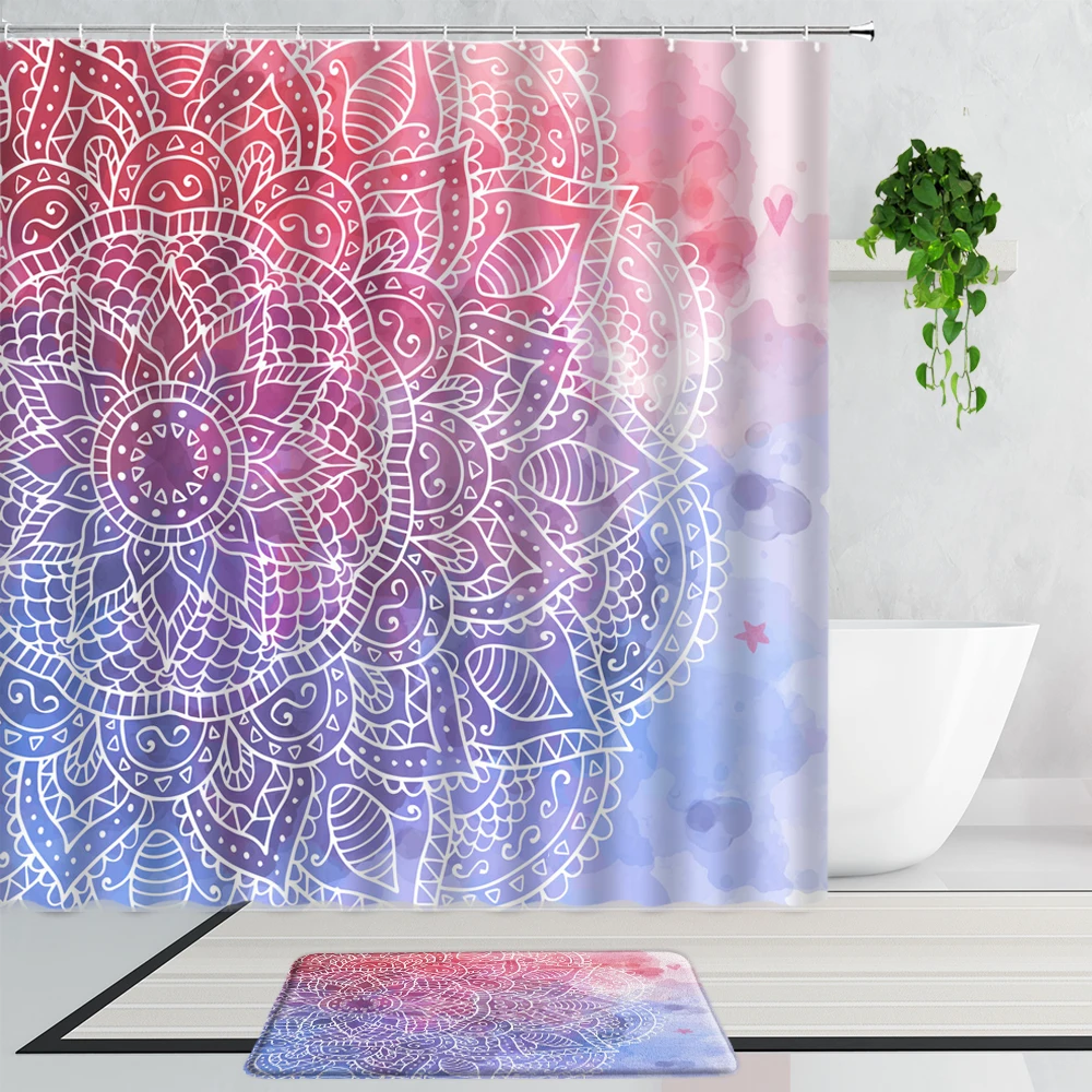 

Pink Bohemian Shower Curtains Color Geometric Ethnic Style Bathroom Curtain Non-Slip Bath Mat Carpet Home Decoration 2-Piece Set
