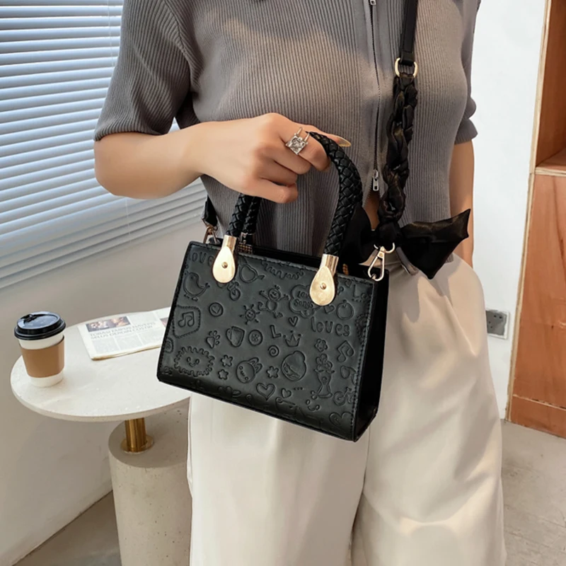 

Women Solid Color Square Shoulder Messenger Bags Printed Flower Handbags Scarves Top-handle Bag Female Pu Leather Crossbody Bags