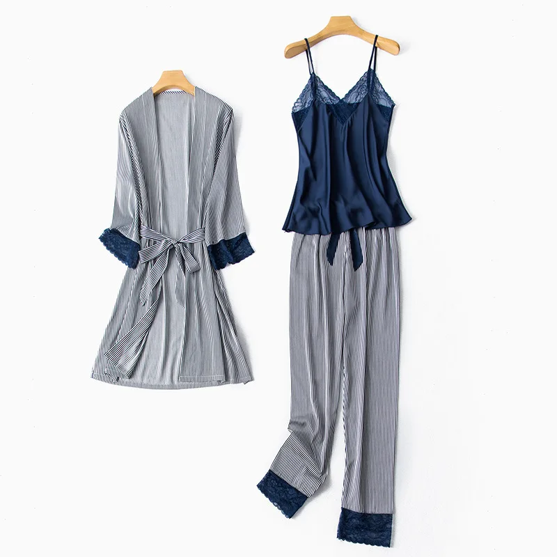 

Satin 3 Piece Women Sexy Pajamas Set Faux Silk Suspender Pijamas Suit Casual Home Clothes Kimono Gown Spring Summer Sleep Set