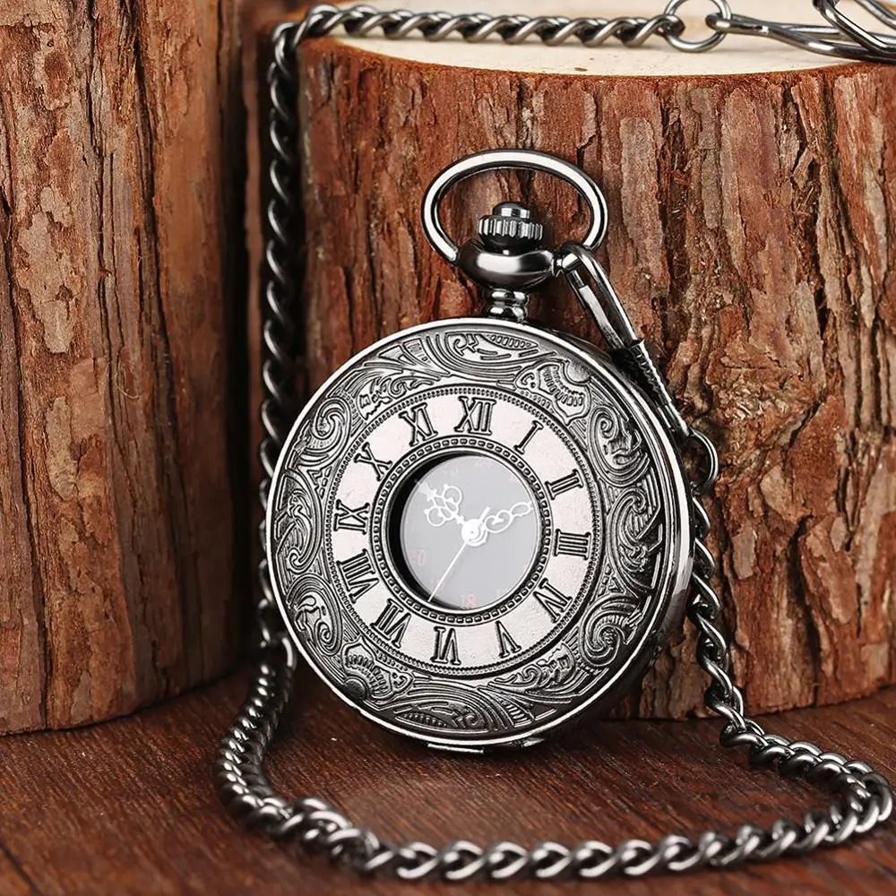 

2020 New Arrival Black Roman Numbers Hollow Quartz Pocket Watch Elegant Men Women Pendant Gift Necklace Chain Relogio De Bolso