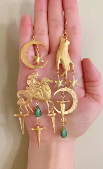 

The Golden Asymmetrical Warrior Lady Earrings,Goth Earrings,Gothic Gifts for Her