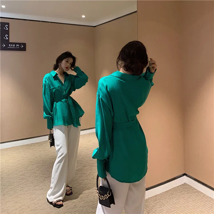 

green red lady pull sleeve turn down neck long sleeve shirts sweet blouses plus size Women's Clothing high quality Spring tops