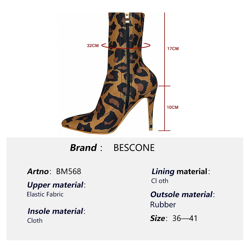 

BESCONE Women's Boots Fashion Sexy Leopard Print Handmade Ladies Boots Thin Heel Super High Heel Pointed Toe Shoes Women BM568