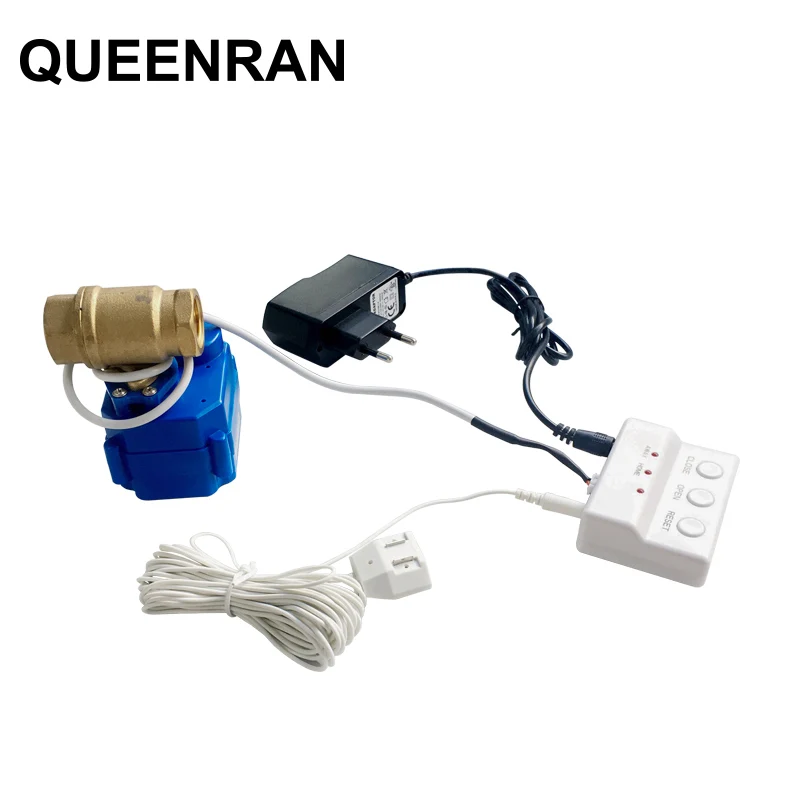 

Mini Water Leakage Sensor Alarm Unit with 1pc Auto Shut-off DN15 DN20 DN25 Valve and 1pc Water Sensing Cable for Overflow Detect