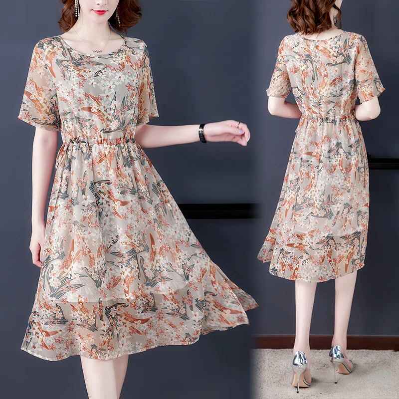 

direct selling casual dress female 2020 new summer temperament round neck waist drawstring lady printed silk dress