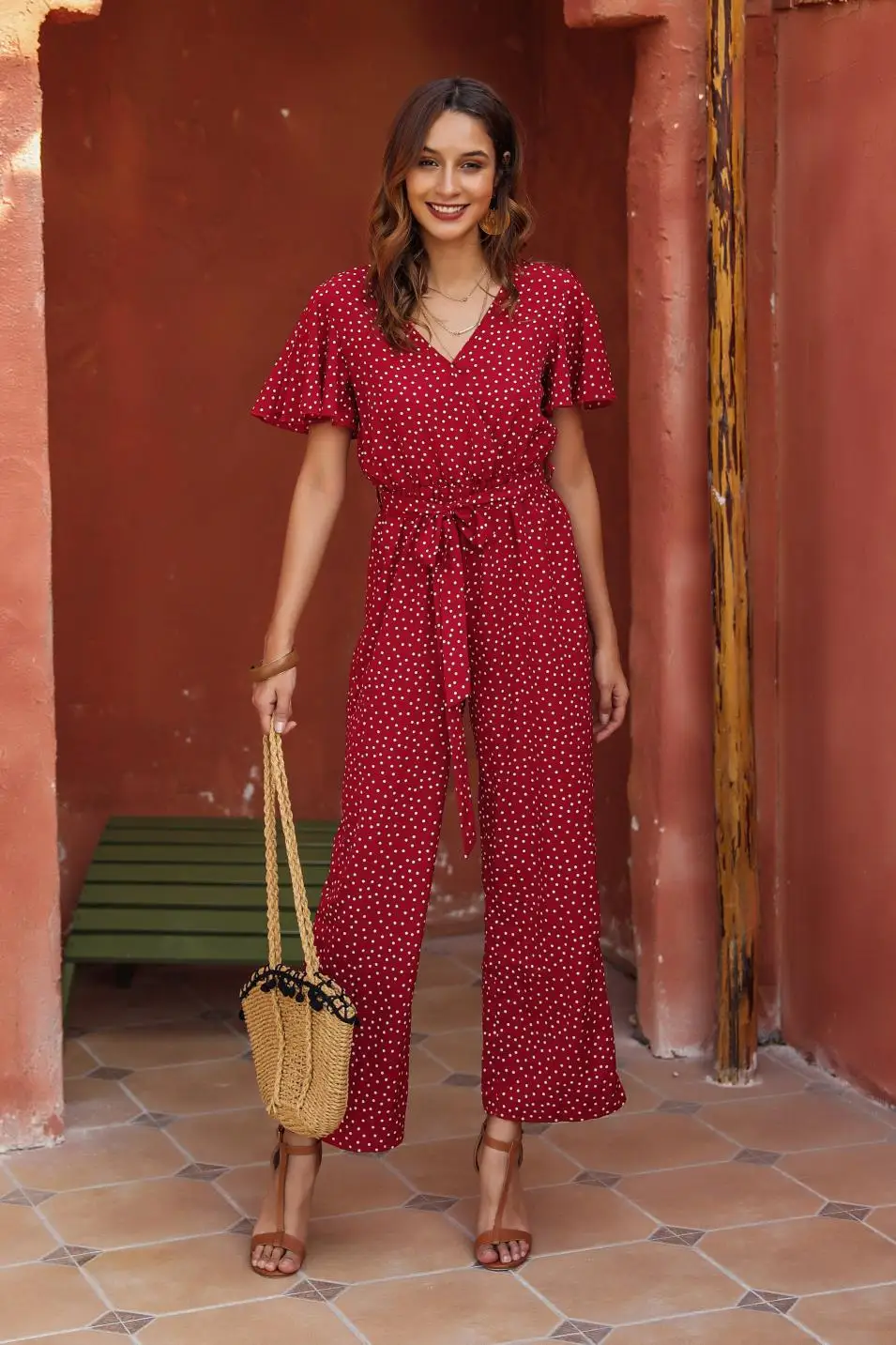 2020 European and American women's summer Jumpsuit short sleeve V-neck wide leg pants Jumpsuit