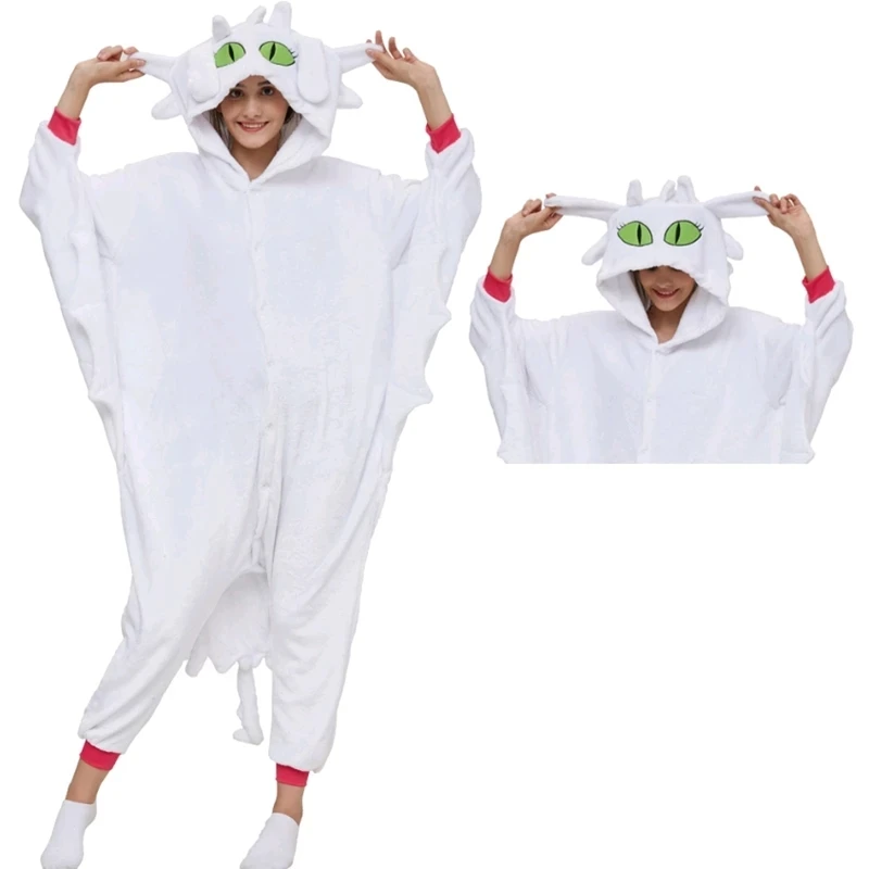 

Костюм для косплея, белый, черный, Беззубик, Женский Зимний милый комбинезон для косплея с животными, пижамный комплект для вечеринки