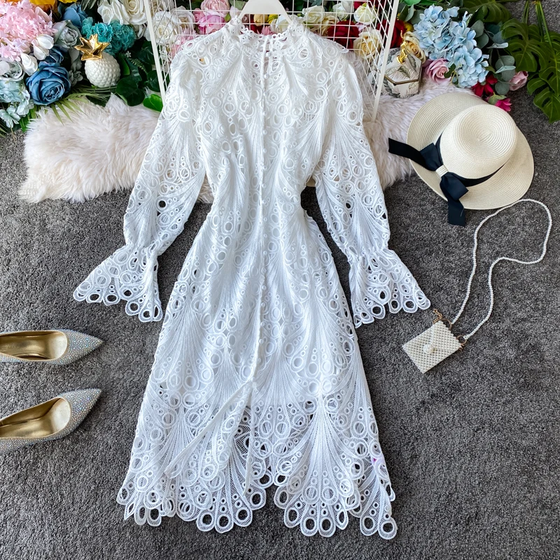 

Runway Party Vintage Dress Boho High Waist Lace Luxury Embroidery Long Sleeve Spring Elegant Dresses Women Autumn A-Line 2021