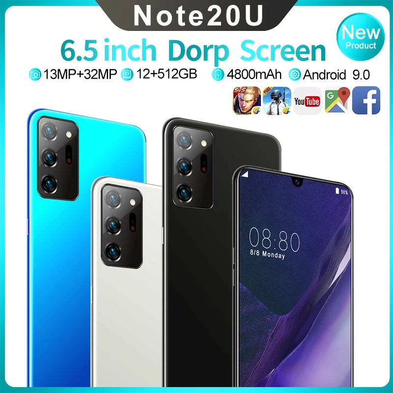 

Note20u Android 10.0 Mobile Phones 6.5inch FHD+ 24MP Triple Camera 12G RAM 512GB ROM Smartphone 4G gsm Global Type-C plug phones