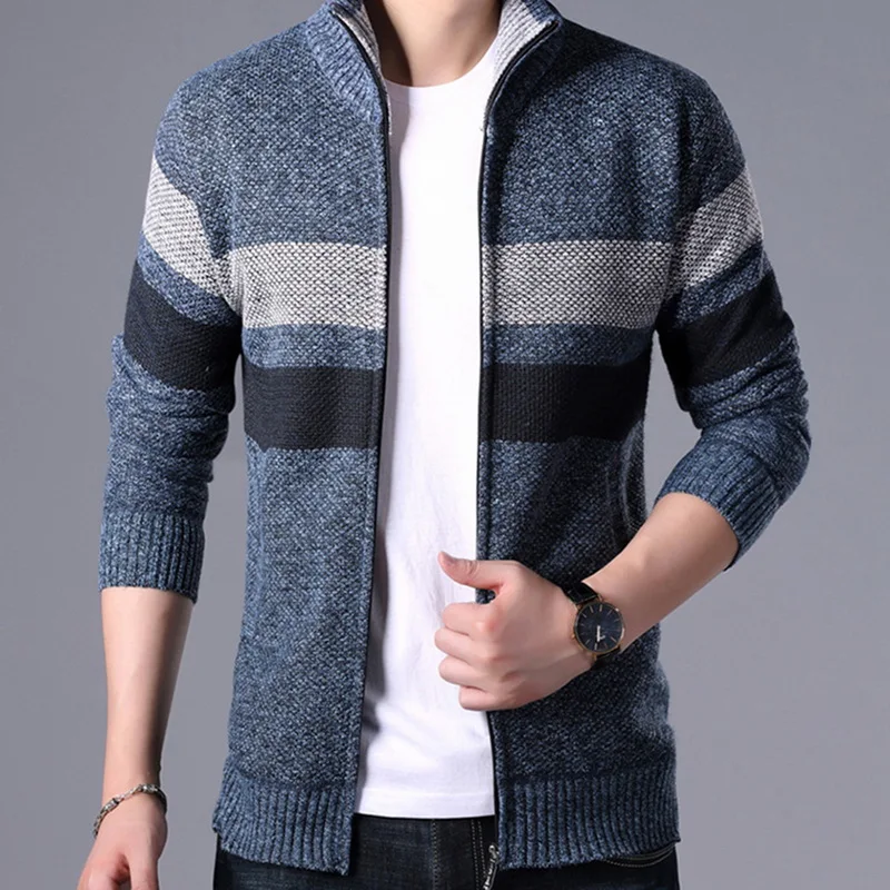 CYSINCOS2019 толстый свитер для мужчин в полоску с воротником стойкой на молнии пальто