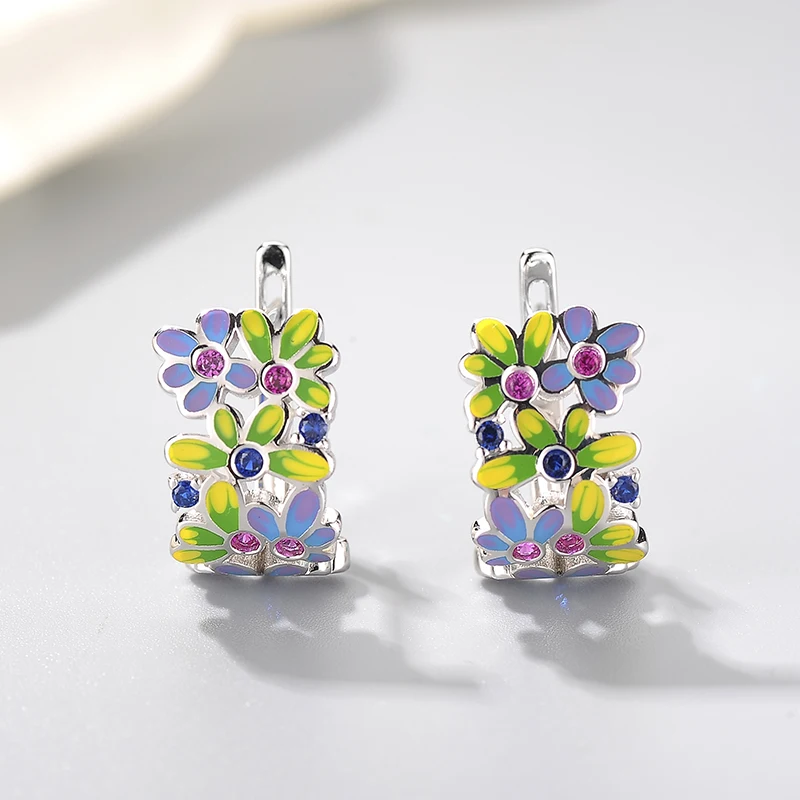 

New s925 Sterling Silver hollow out like butterfly flower Colourful Enamel DIY gift fashion Ear clip Party Jewelry