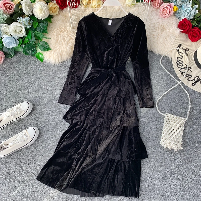 Женское вельветовечерние платье Young Gee Повседневное с длинным рукавом