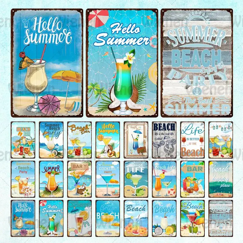 

Beach Metal Tin Sign Vintage Poster Summer Party Cocktail Drink Metal Sign Plaque Iron Plate Beach Bar House Man Cave Decoration