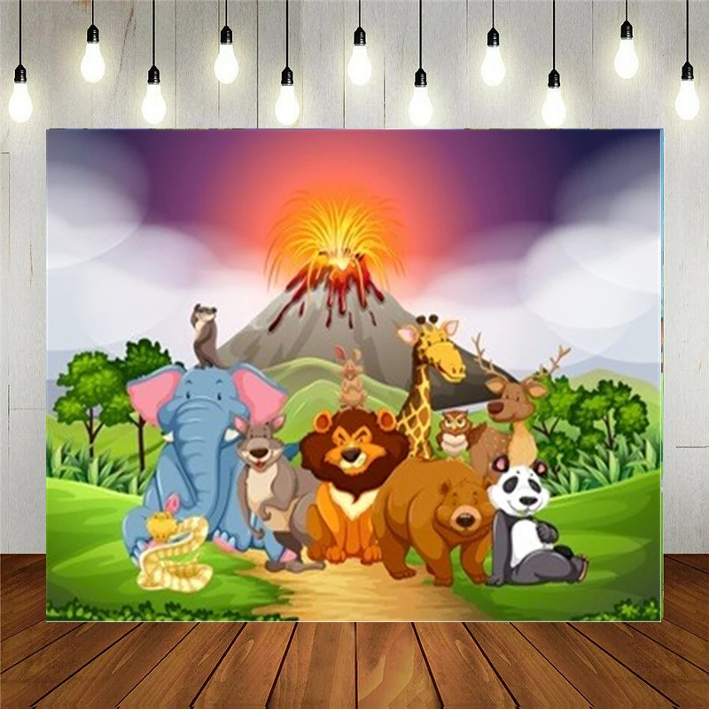 

Photo Studio Props Vinyl Photography Backdrop Wild Animals In The Field With Volcano Kids Birthday Decoration Customizable Text