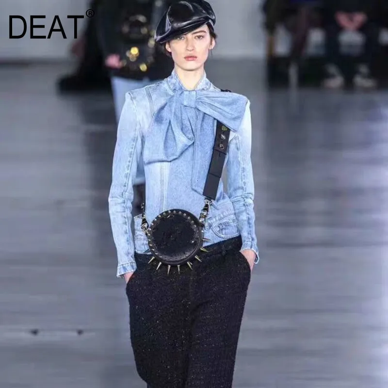 DEAT 2020 новинка воротник бант молния сзади длинные рукава высокая талия тонкая