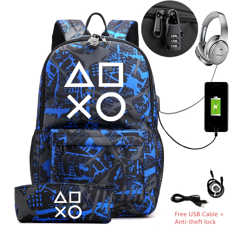 2 шт./лот PS4 Playstation холщовый рюкзак с пеналом школьная сумка Usb-зарядкой для