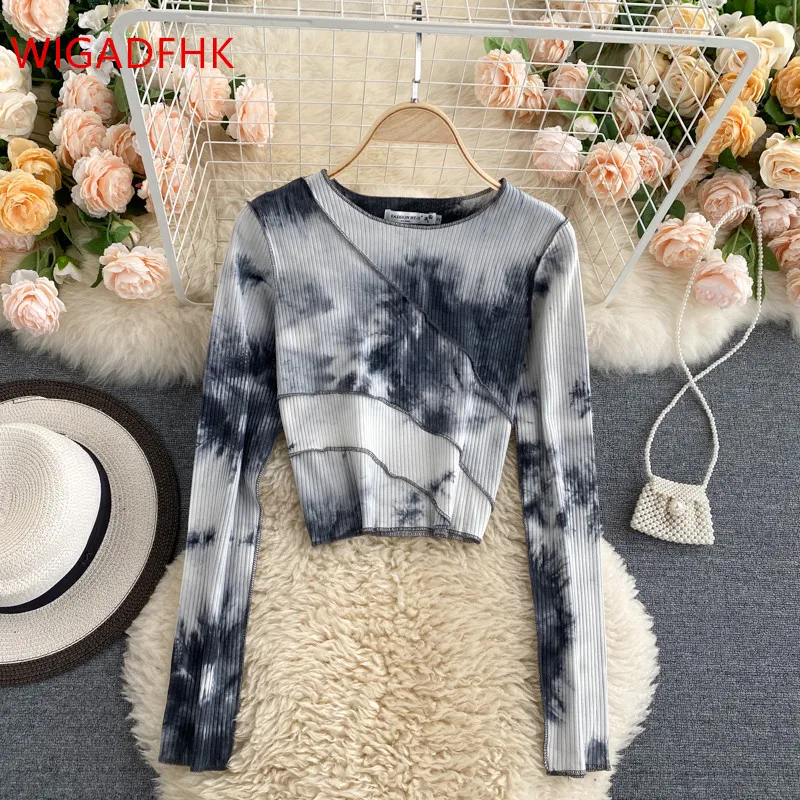 

Long-sleeved T-shirt Women's Irregular Tie-dye Stitching Short Top Women's Bottoming Shirt 2022 Spring Women's Clothing