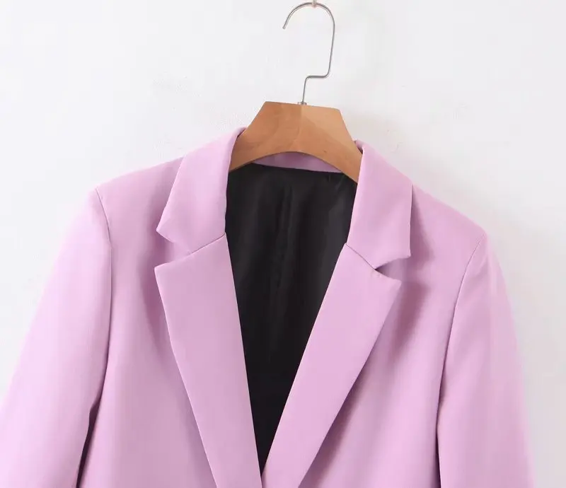 Women chic blue blazer decorate button open stitch pockets back split Violet blazers female work wear stylish coat