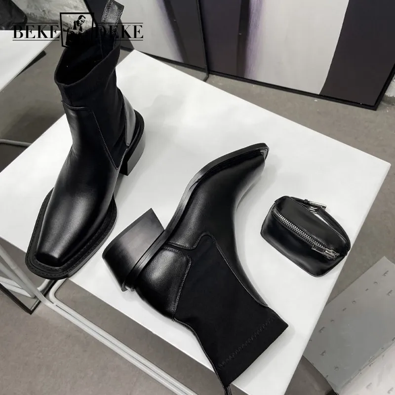 

Genuine Leather Womens Square Toe High-Top Rubber Sole Boots Cowhide Mixed Colors Slip-On Vintage Cowhide Winter Warm Ankle Boot