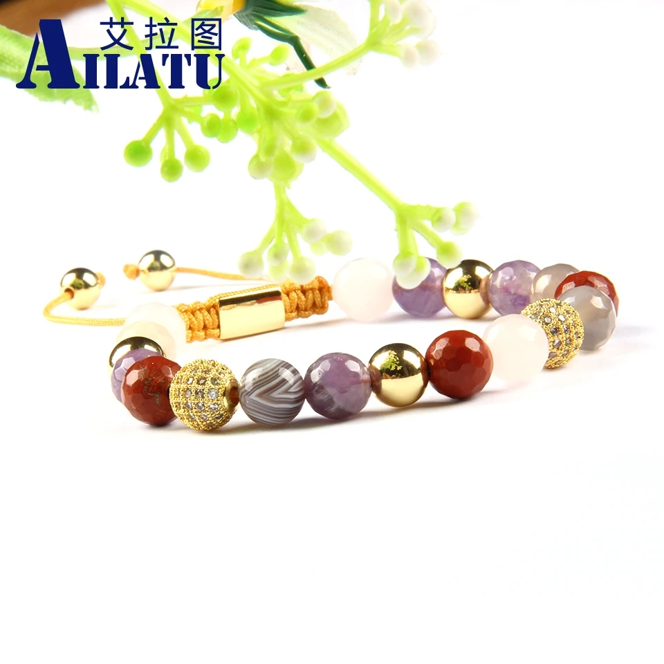 

Ailatu Micro Pave Cz Ball Macrame Bracelet 8mm Natural Stone Beads Nice Jewelry Gift