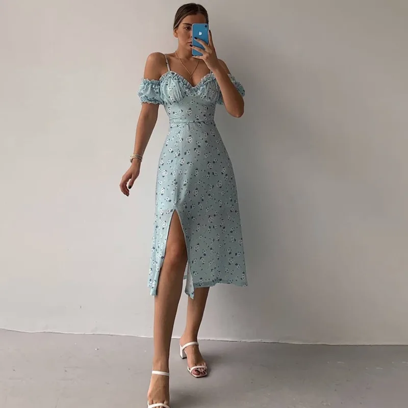 

2021 Summer Floral Dress Women's Sexy Bodycon Bustier Mid-length Dress Crushed French Halter Suspender Dress Party Vintage Dress