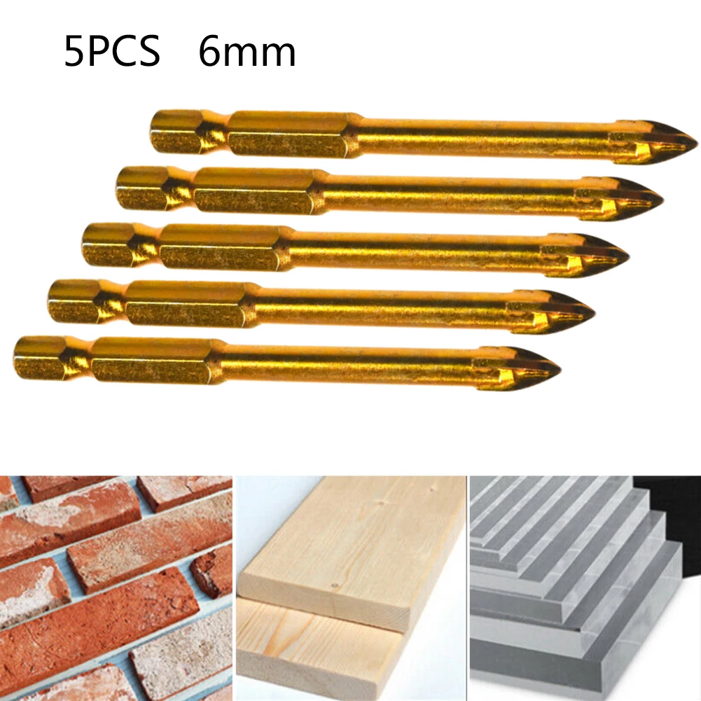 

5 Pcs Drill Bit 6mm Titanium Ceramic Tile Marble Glass Drill Bits Spear Head Hex Shank For Woodworking Tools Accessories