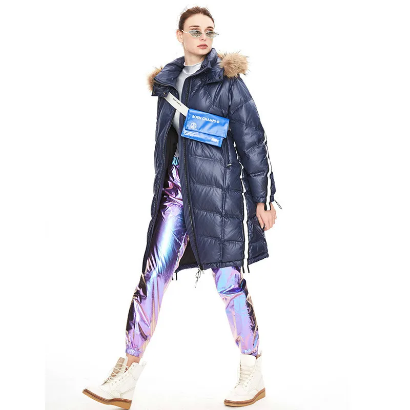 

Winter Long Down Jacket Women's New Fashion Jacket Reflective Stripe Hooded Fur Collar Over Knee Silhouette Coat Street Fashion