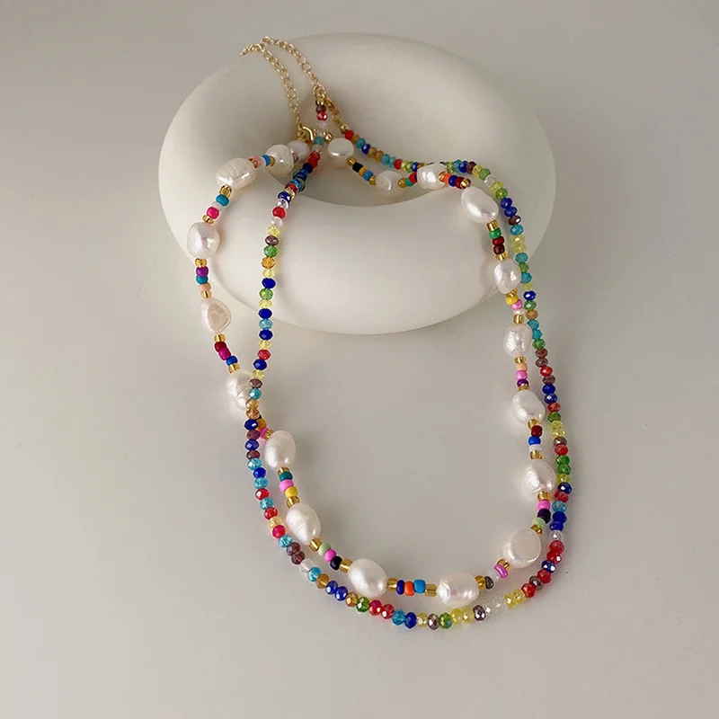 

Minar Multiple Fashion Rainbow Crystal Beaded Choker Necklace for Women Irregular Freshwater Pearl Necklaces Anniversary Gifts