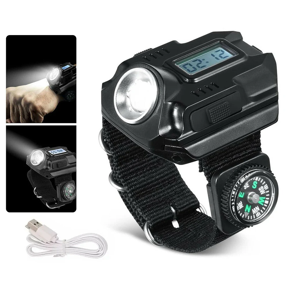Tactical LED Wrist Watch Flashlight Q5 Portable USB Rechargeable Torch Light with Time Display Compass Outdoor Hiking Camping