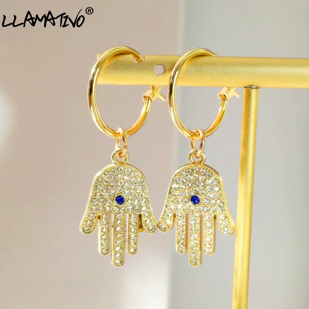 

1Pair Crystal Turkish Evil Eye Hand Small Hoop Earrings For Women Vintage Zircon Golden Round Circle Earring Personality Jewelry