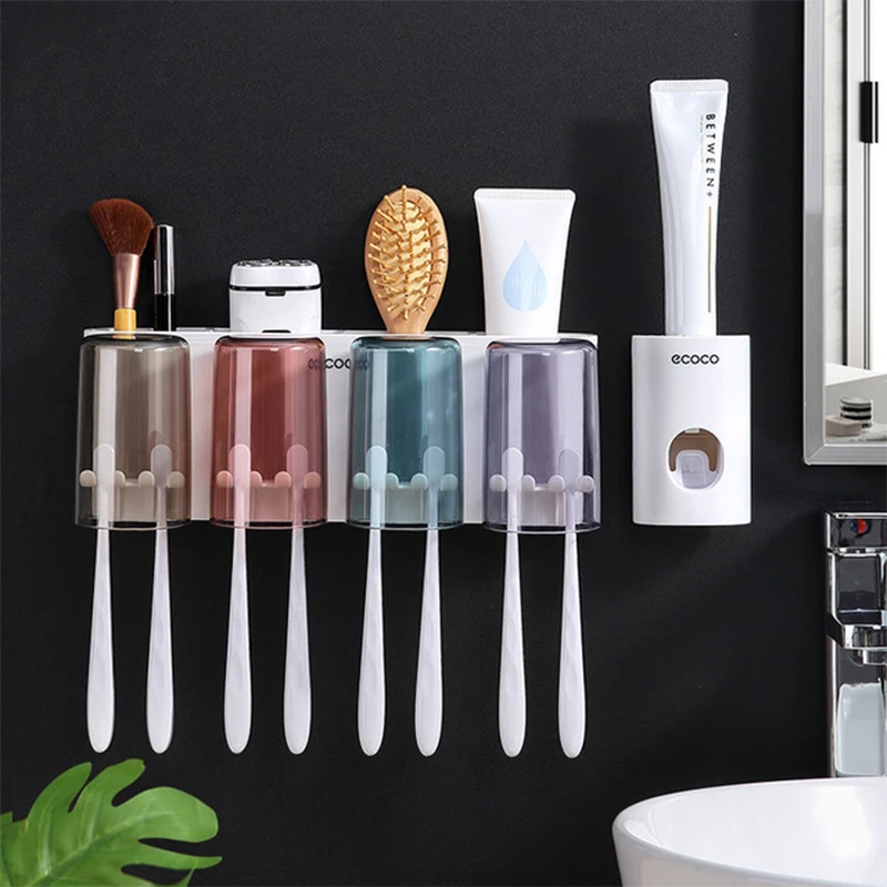 New Bathroom Accessories Organizer Set Toothbrush Holder Multifunction Household Storage Rack Wall Mount Toothpaste Squeezer | Дом и сад