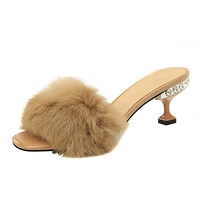 korean version of the fashion and elegant wear half slippers rhinestone fine heel high heel furry rabbit fur word slippers