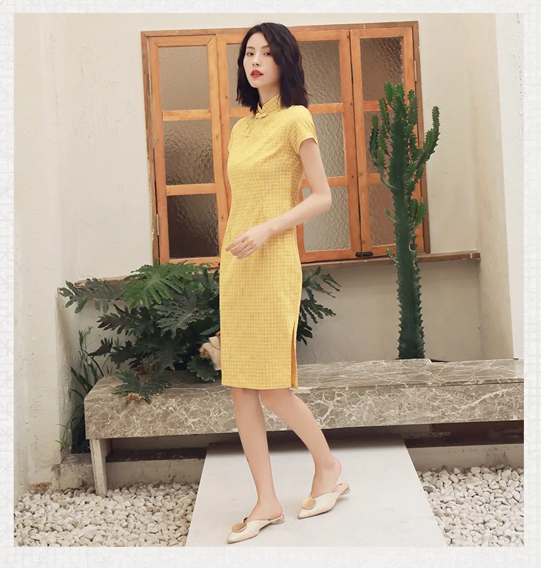 Весеннее клетчатое платье Ципао для женщин сексуальное тонкое хлопковое миди