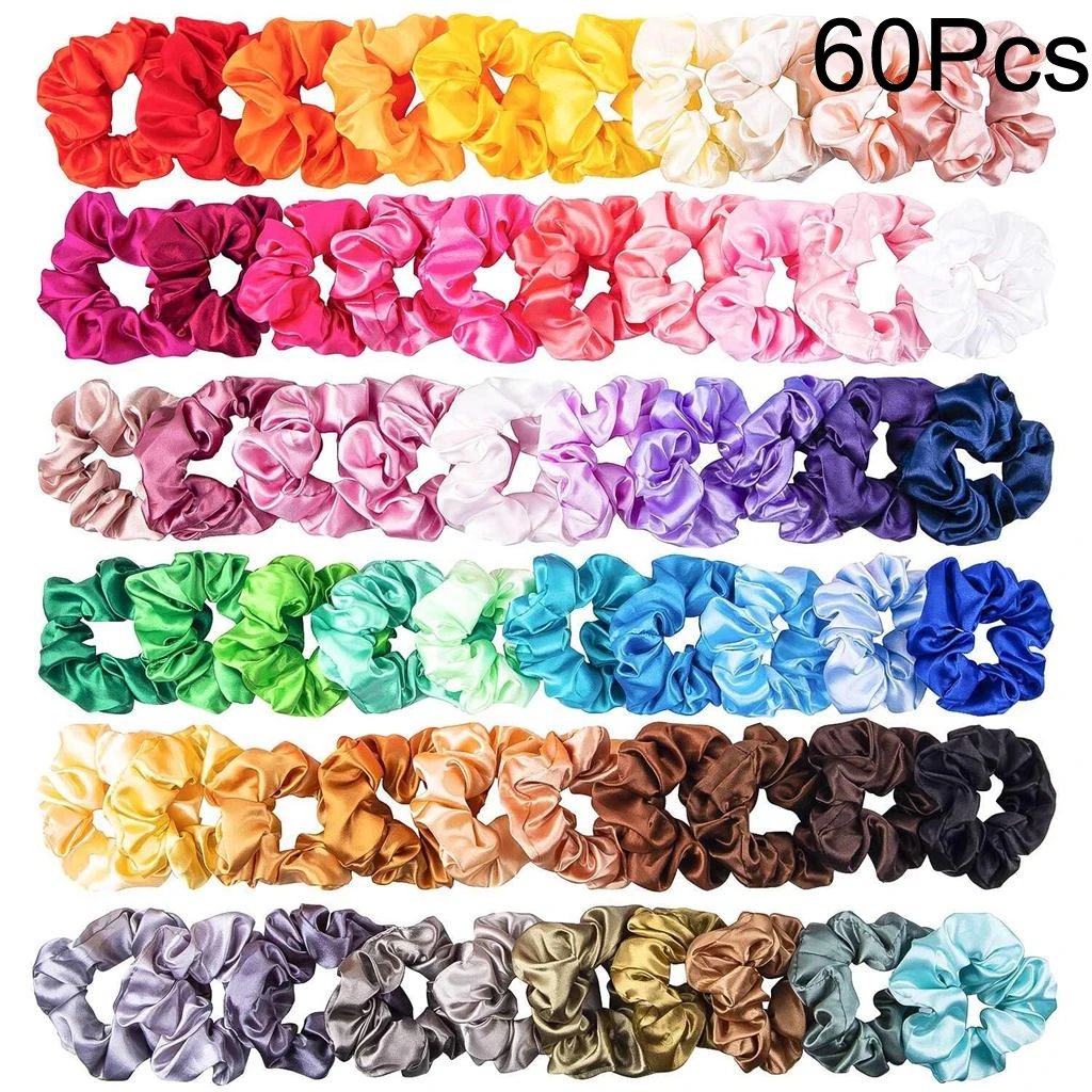 60Pcs 60 шт., одноцветные шелковые атласные резинки для волос для женщин или девочек, Ювелирное Украшение для волос, лента для волос, подходит для женских резинок для волос «конский хвост» - Цвет: 60Pcs