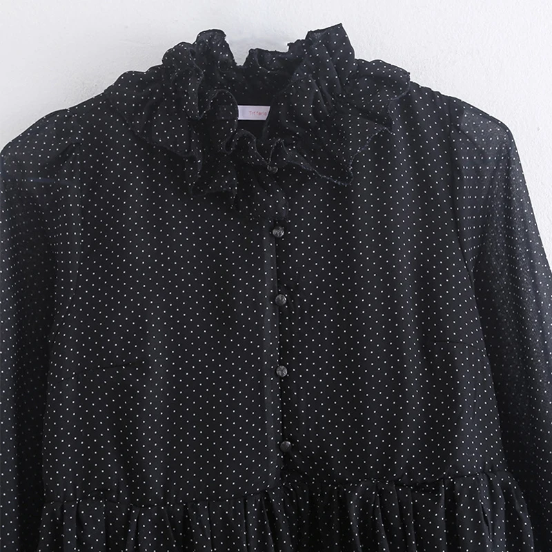 

2020 Women's Black Spring Drape Polka Dot Wood Ear Decorative Drape Long Sleeve Dress Easy To Match Other Unique Fashion Style