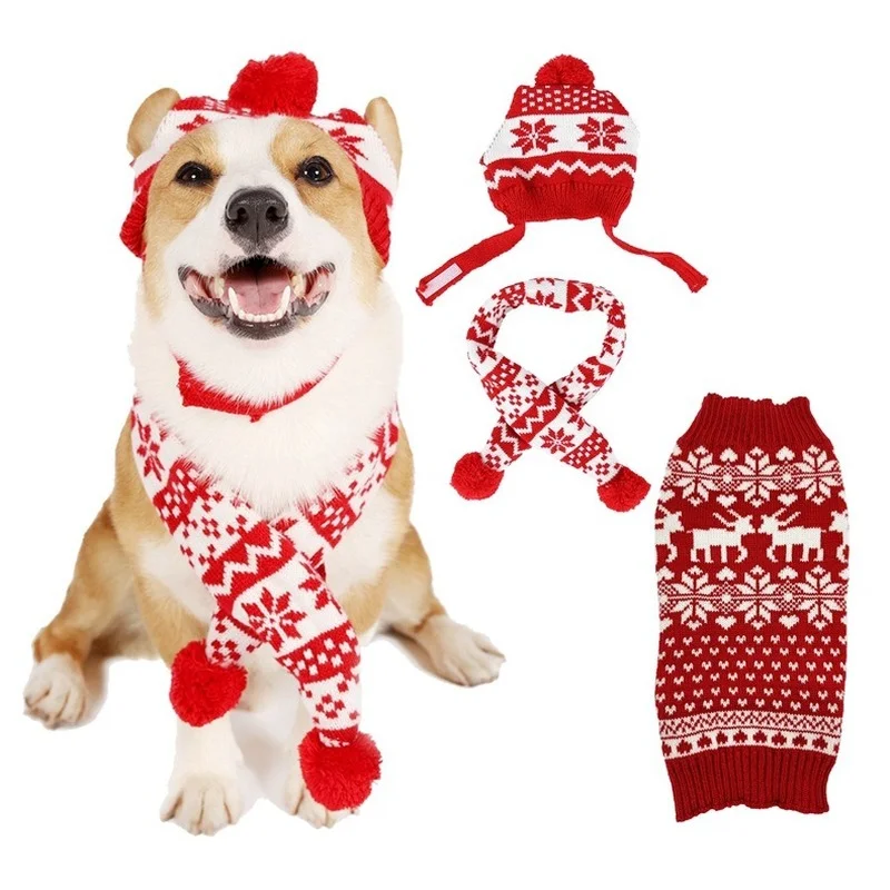 

Christmas Cotton Cute Warm Dog Decorate Dress Up Snow Design Red Scarf Hat Set Sweater Outdoor lovely
