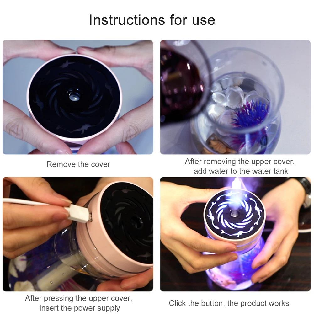 

2021 Hot Sale 380ml USB Fish Tank Aquarium 360 degree fog outlet Air Humidifier Air Freshener Colorful Lights Mist Maker