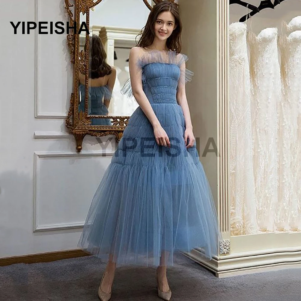 

A-Line Evening Dresses Princess Sleeveless Strapless Tulle Formal Tea-Length Prom Party Gown robe de soirée de mariage