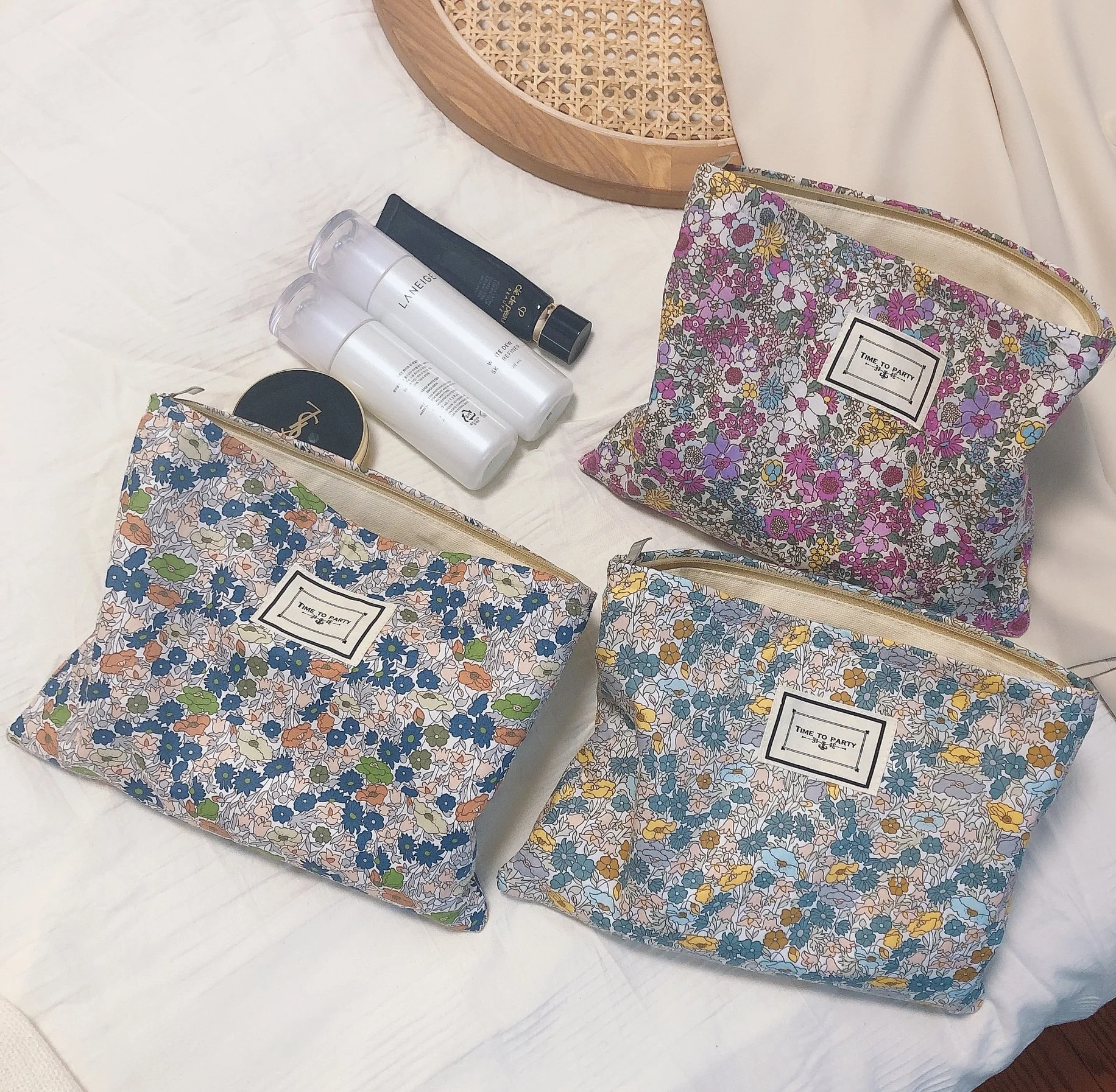 Korea Floral Makeup Brushes Organizer Bag Cotton Fabric Women's Cosmetic Cases Girls School Pencil Pen Storage Case Pouch Purse