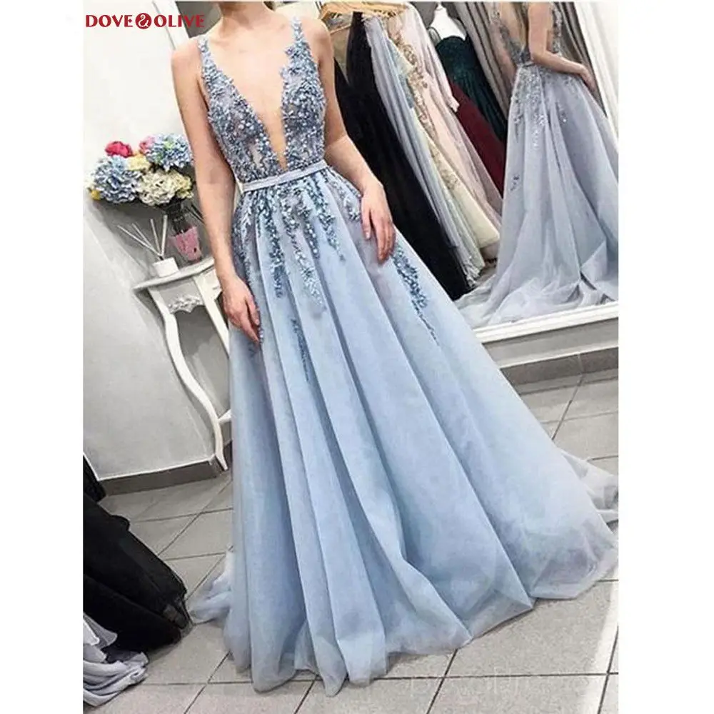 

Светло-голубые платья-трапеции для выпускного 2020 с V-образным вырезом и аппликацией, длинные элегантные женские вечерние платья с открытой ...