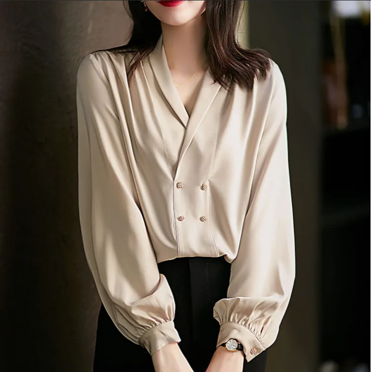 

2021 spring design sense niche ladies' shirt tops, wild double-breasted shirts, silk shirts women blouses women shirts blouses