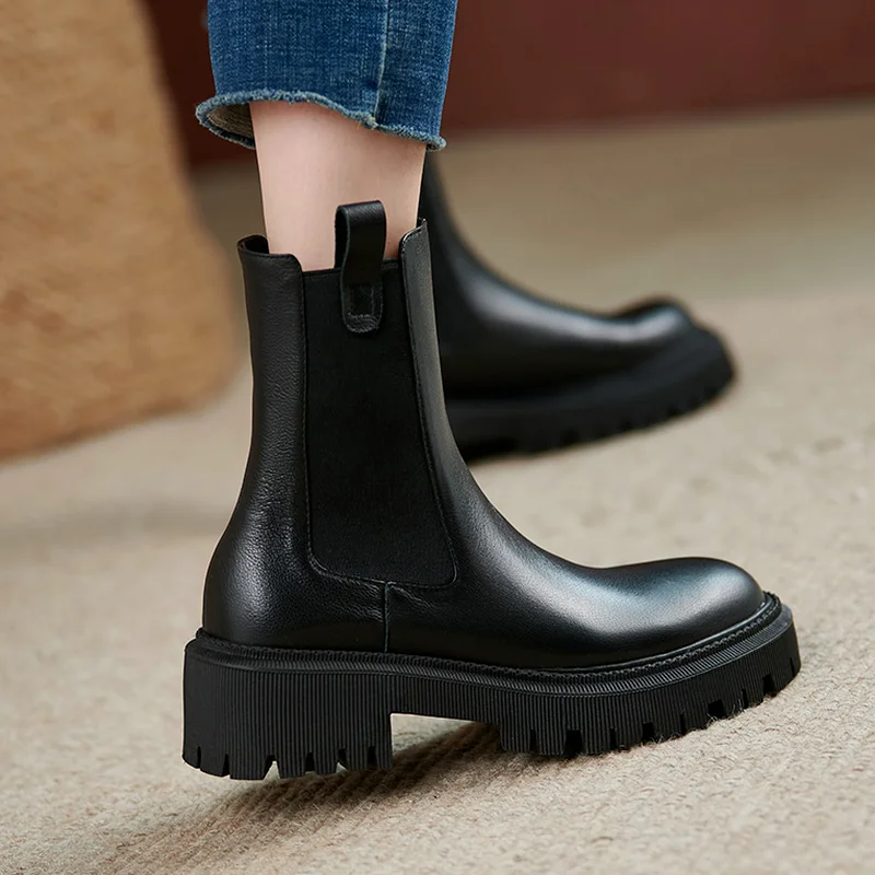 

New Women Leather Chelsea Boots Slip on Ankle Boots Brown Fashion Ladies Fashion Platform Short Boots Casual Shoes