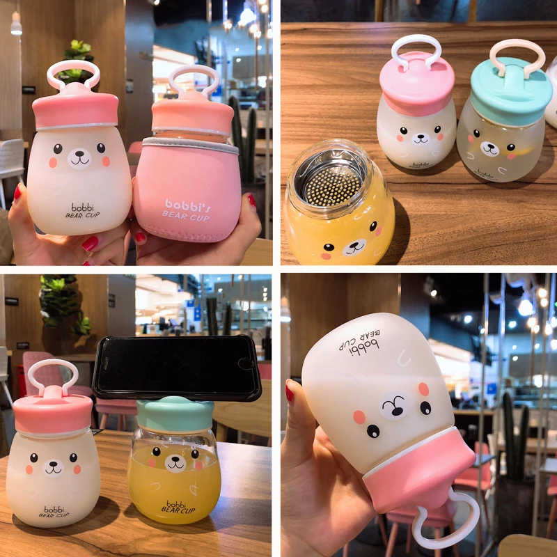 Kawaii стеклянная бутылка для воды, портативная чашка с милым медведем, чайное ситечко, герметичная Питьевая Бутылка для девочек, студентов, детей