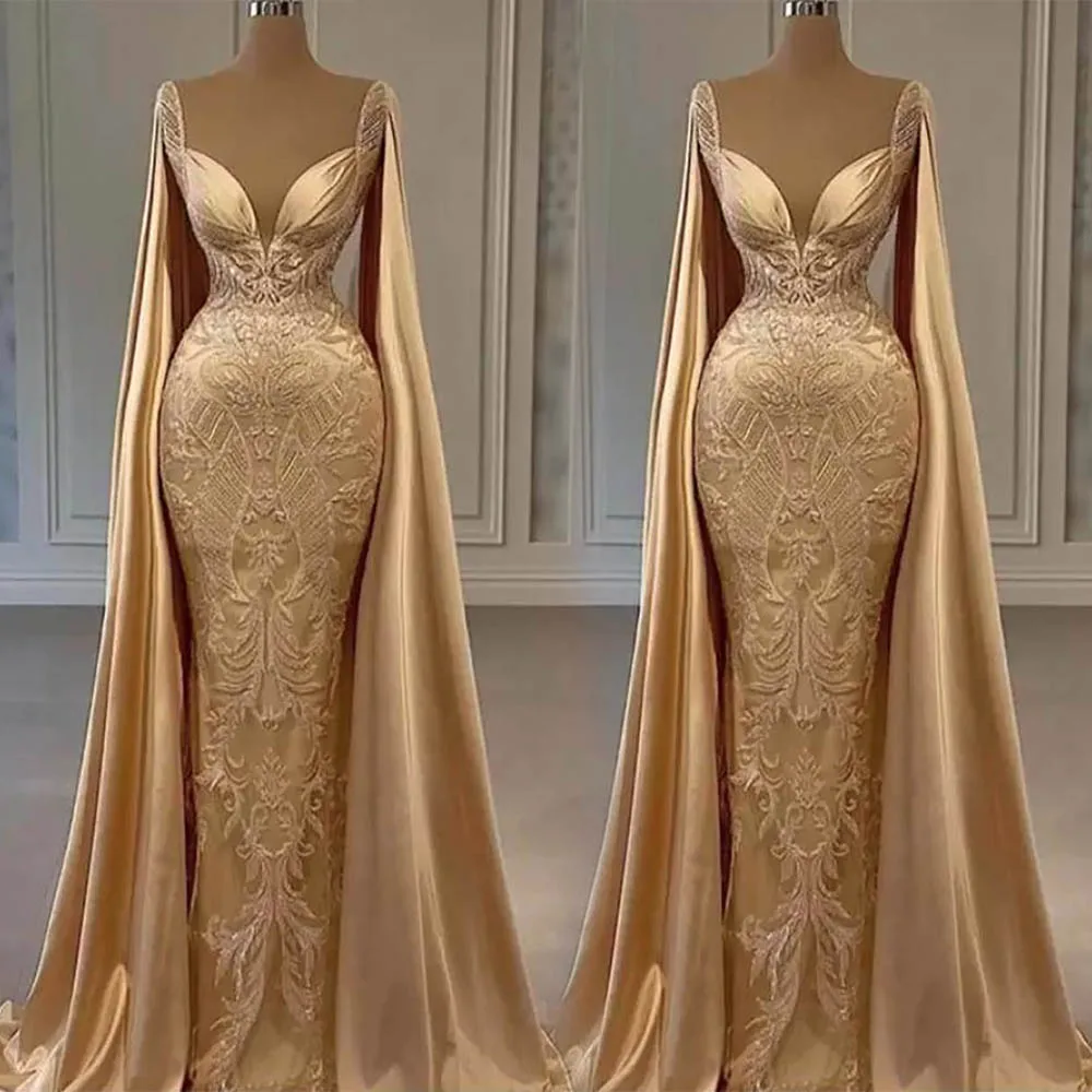 

Gold Champagne Mermaid Prom Dresses with Long Cape Wrap Beaded Lace Appliqued arabic Queen Evening reception gown