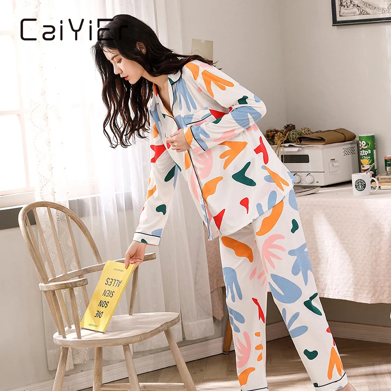 

CAIYIER 2020 Winter Ladies Pajamas Set Cotton Turn-down Collar Color Coral Print Nightwear Long Sleeve Loungewear Large Size 3XL