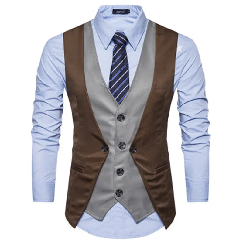 

Men Vest Brand Fashion Fake Two Piece Patch Waistcoat Casual Slim Business Social Suit Vest Groom Plus Size